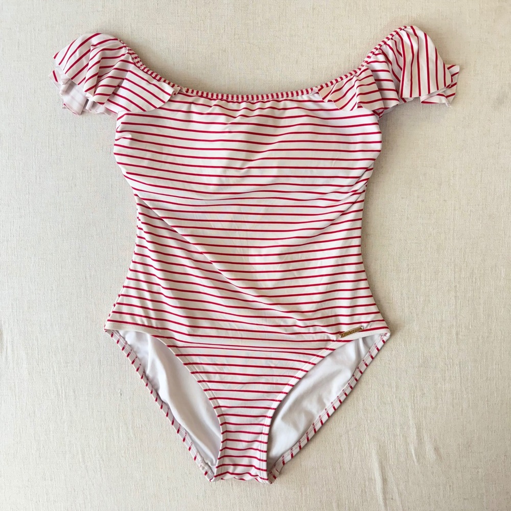 Vince Camuto Swim One Piece Swimsuit Womens 10 Red White Striped Ruffle Sleeve